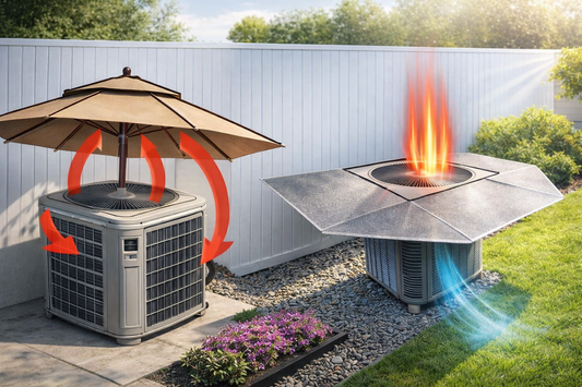 Side-by-side comparison of air conditioner shading methods showing incorrect umbrella shading trapping heat versus proper elevated AC shade allowing airflow and heat escape.