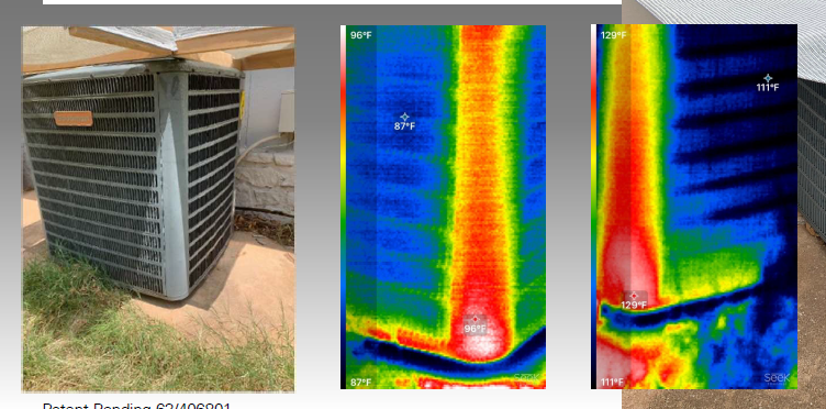 Thermal imaging shows how direct sunlight can raise condenser surface temperatures. Surface temperature alone does not determine efficiency, but it helps illustrate the solar heat load an outdoor AC unit may absorb during peak sun exposure.
